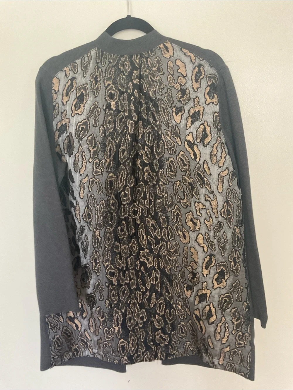 Chico's Black and Taupe Leopard Jacquard Cardigan with metallic accent